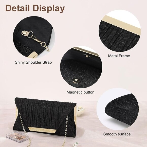 🆕Women Black Polyester Evening Bag Clutch Purse Handbag Crossbody Wedding Party - Picture 5 of 7